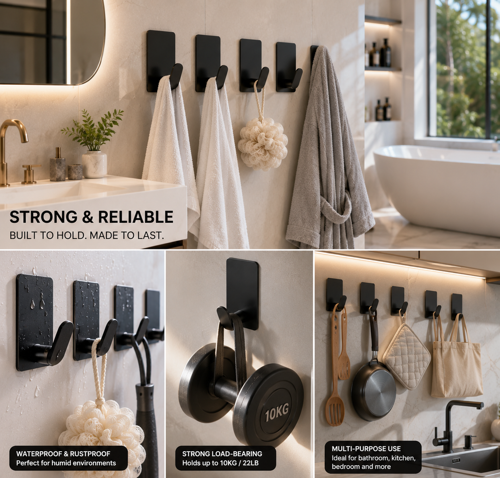 Stainless Steel Self-Adhesive Wall Hooks (4-Pack) – Heavy-Duty Towel & Coat Hooks