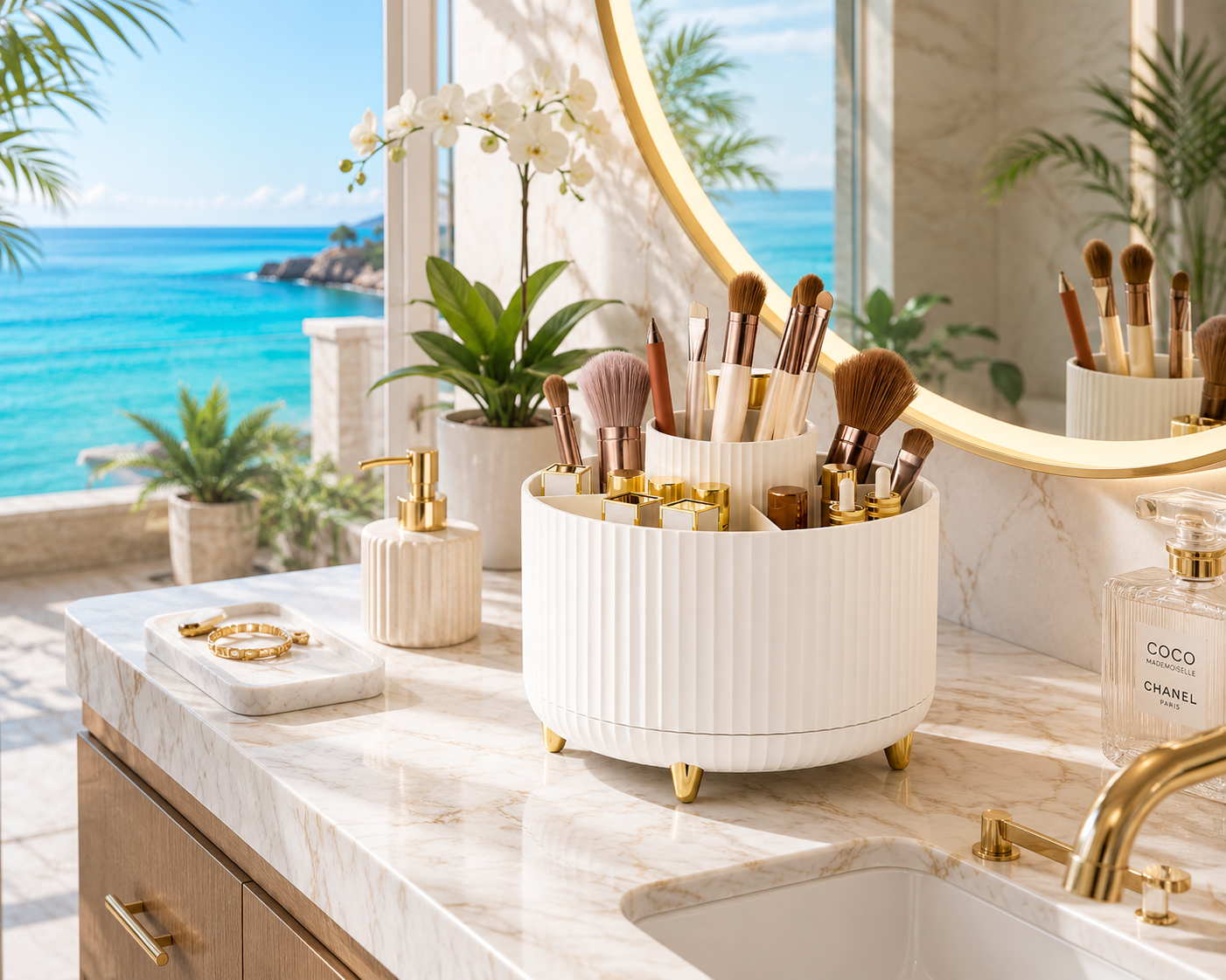 360° Rotating Makeup Organizer – Cosmetic Storage Holder with 5 Compartments