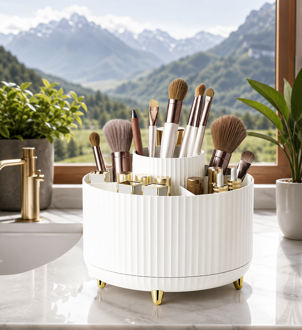 360° Rotating Makeup Organizer – Cosmetic Storage Holder with 5 Compartments