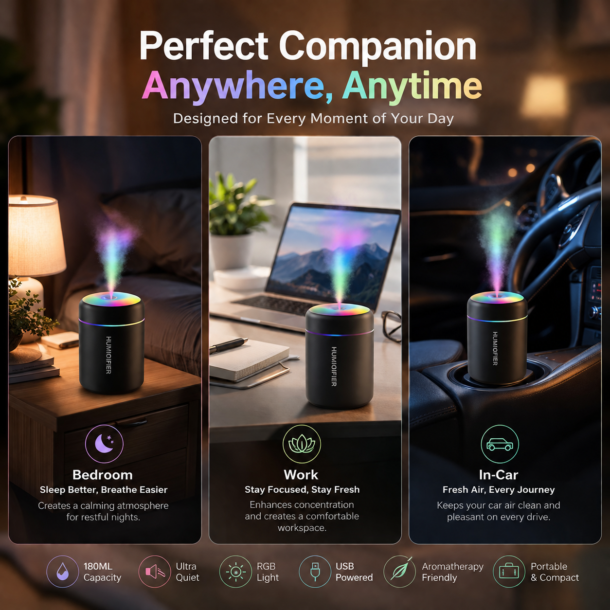 Mini USB Air Humidifier 180ML with Aroma Diffuser, RGB LED Lights & Aromatherapy