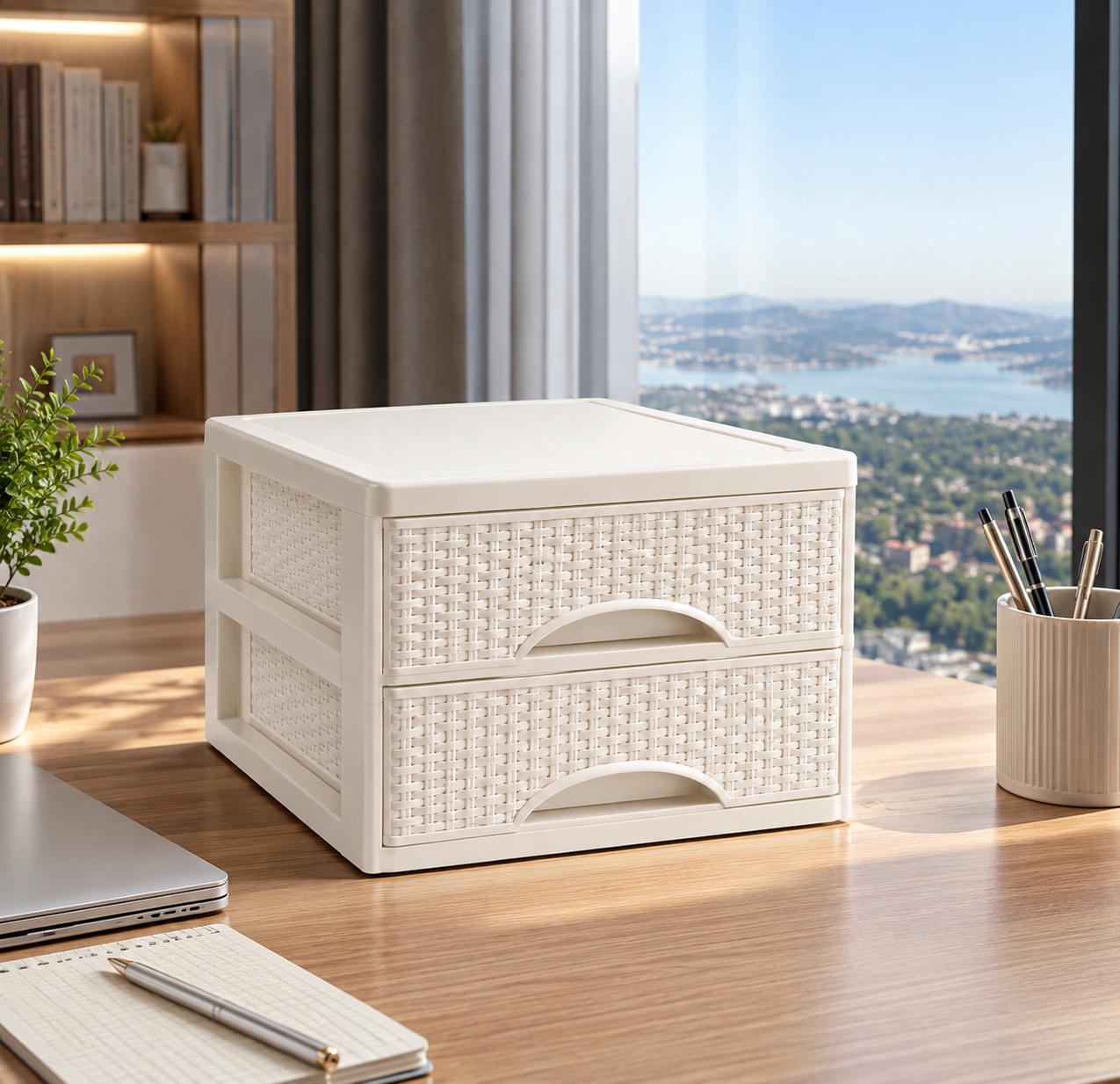 A4 Desktop Storage Drawer Organizer – Wicker-Style Plastic Cabinet with 2, 3 or 4 Drawers for Office & Home